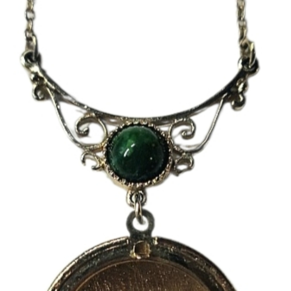 Gold-tone locket necklace, SarahCoventry, with green cabochon accent